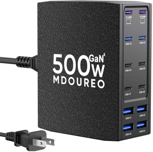 500W USB C Charger Block, 12-Port USB C Charging Station for Multiple Devices, Leather Texture Dual PD 65W Laptop Fast Charger Compatible with MacBook Pro/Air, iPad, iPhone,Galaxy and More, Black