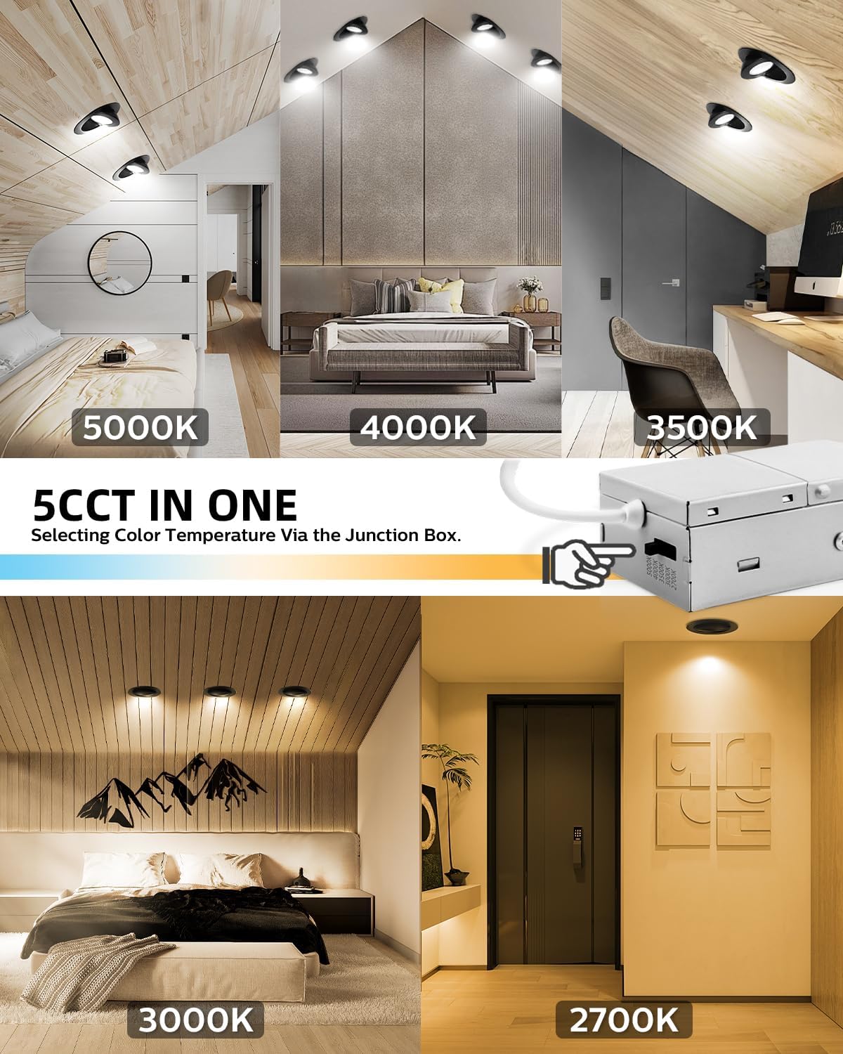 Adetu 4 inch 5CCT Gimbal Black Led Recessed Lights, 360°+90° Adjustable Directional Recessed Lighting, 2700K-5000K Dimmable Retrofit Eyeball Can Lights with Jbox, ETL&Energy Star (Black,12 Pack)
