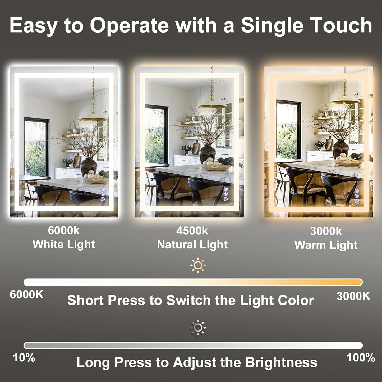 GLSLAND LED Bathroom Mirror - 48"x32" Anti-Fog Lighted Wall Mirrors with Memory Function, Dimmable, Frontlit & Backlit, Horizontally/Vertically, Tempered Glass