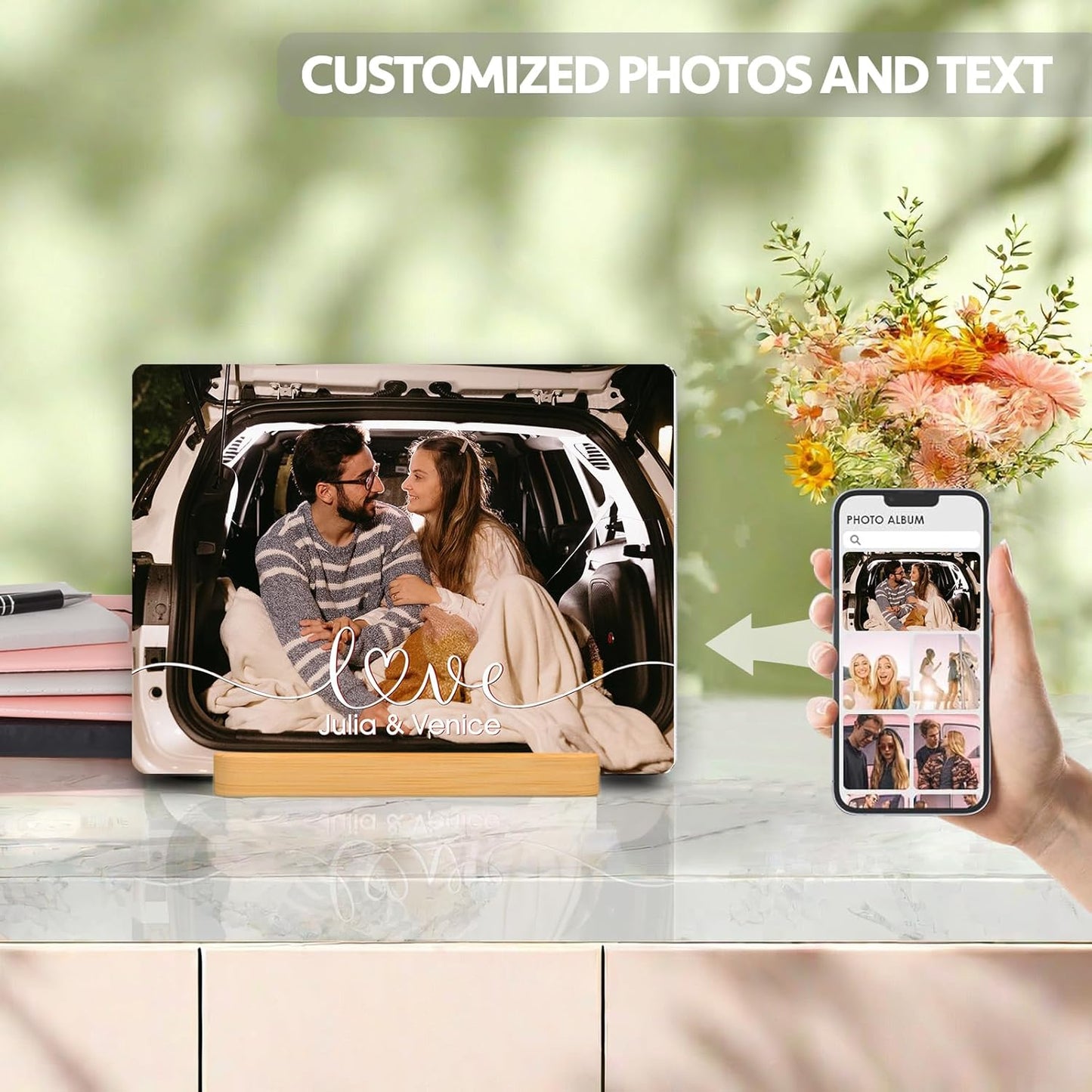 Custom Photo Prints - Metal Desktop Picture Frame with Photos & Name & Wooden Base Personalized Gifts for Family Friends and Lovers, Optional Multiple Sizes