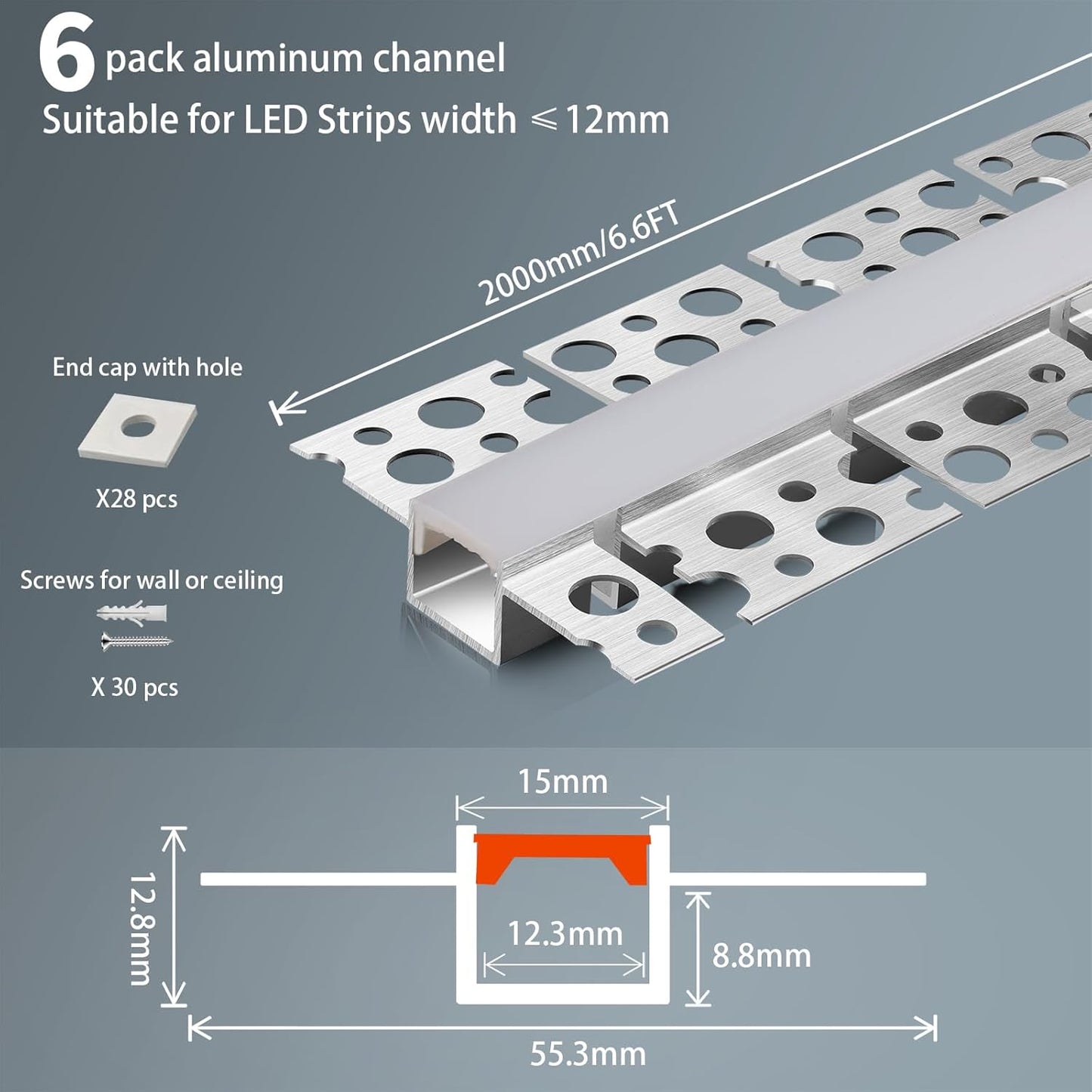 6 Pack Led Diffuser Channel with Milky White Silicone Cover 6.6FT/2M Plaster-in Aluminum Drywall U Shaped Trimless Recessed Track for Strip Light, Flexible Led Profile 45 Degree Bendable