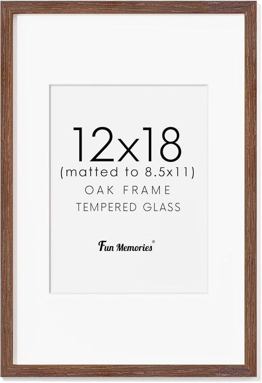 Fun Memories Solid Oak Wood Picture Frame 12"x18" for Wall - Tempered Real Glass, Matted to 8.5x11, Poster Frame (Walnut Color, 1 Pack)