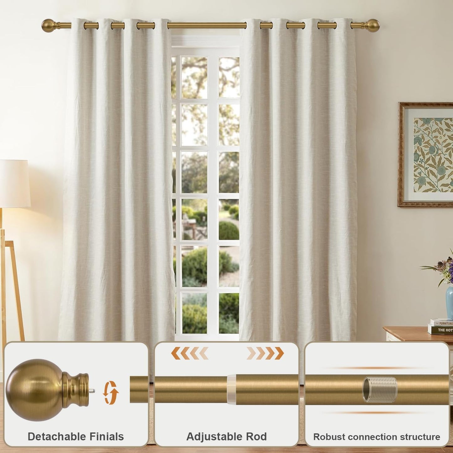2 Pack Warm Gold Curtain Rods for Windows 48 to 84 Inch 1" Diameter Adjustable Heavy Duty Brass Window Curtain Rod with Metal Finials for Living Room Bedroom Farmhouse Kitchen Outdoor