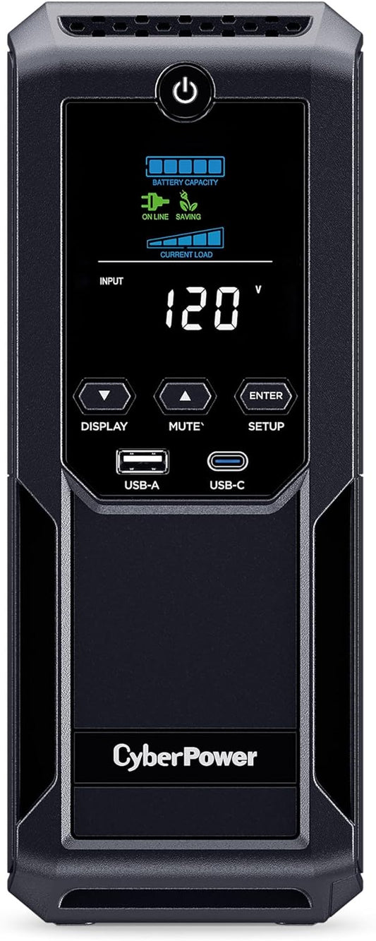 CyberPower CP1350AVRLCD3 Intelligent LCD UPS System, 1350VA/815W, 12 Outlets, 2 USB Ports, AVR, Mini Tower, Black