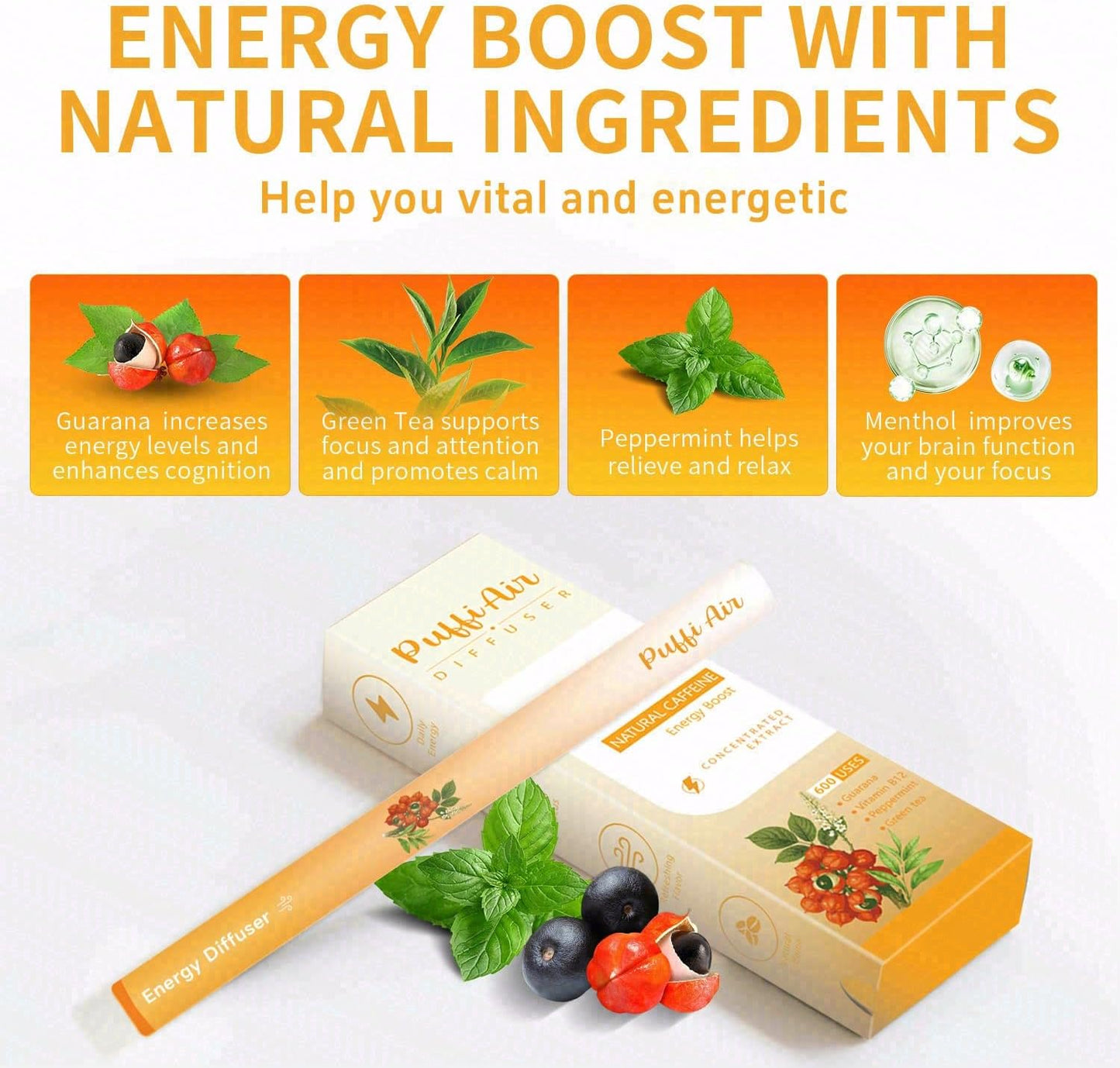 PUFFIAIR Energy to Ease Duo Herbal Diffuser Pen Set | Caffeine and Melatonin Inspired Blends | Blue Orange | 2 Count