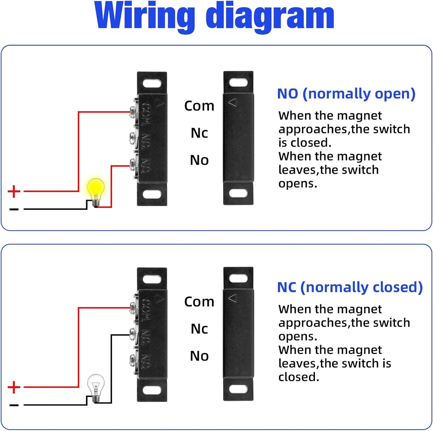 Magnetic Reed Switch Normally Open and Normally Closed NC NO Magnetic Contact Sensor Alarm Magnetic Door Switch,Proximity Switch for Door Alarm, Window Safety, Black,Pack of 2 with 40 Screws
