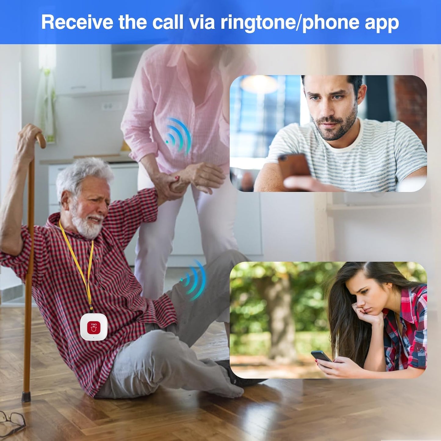 WiFi Elderly Monitoring, Caregiver Pagers Life Alert Systems for Seniors no Monthly Fee, 1 Receiver & 2 Panic Button, Compatible with Tuya Smart/Smart Life APP (Only Supports Wi-Fi 2.4GHz )