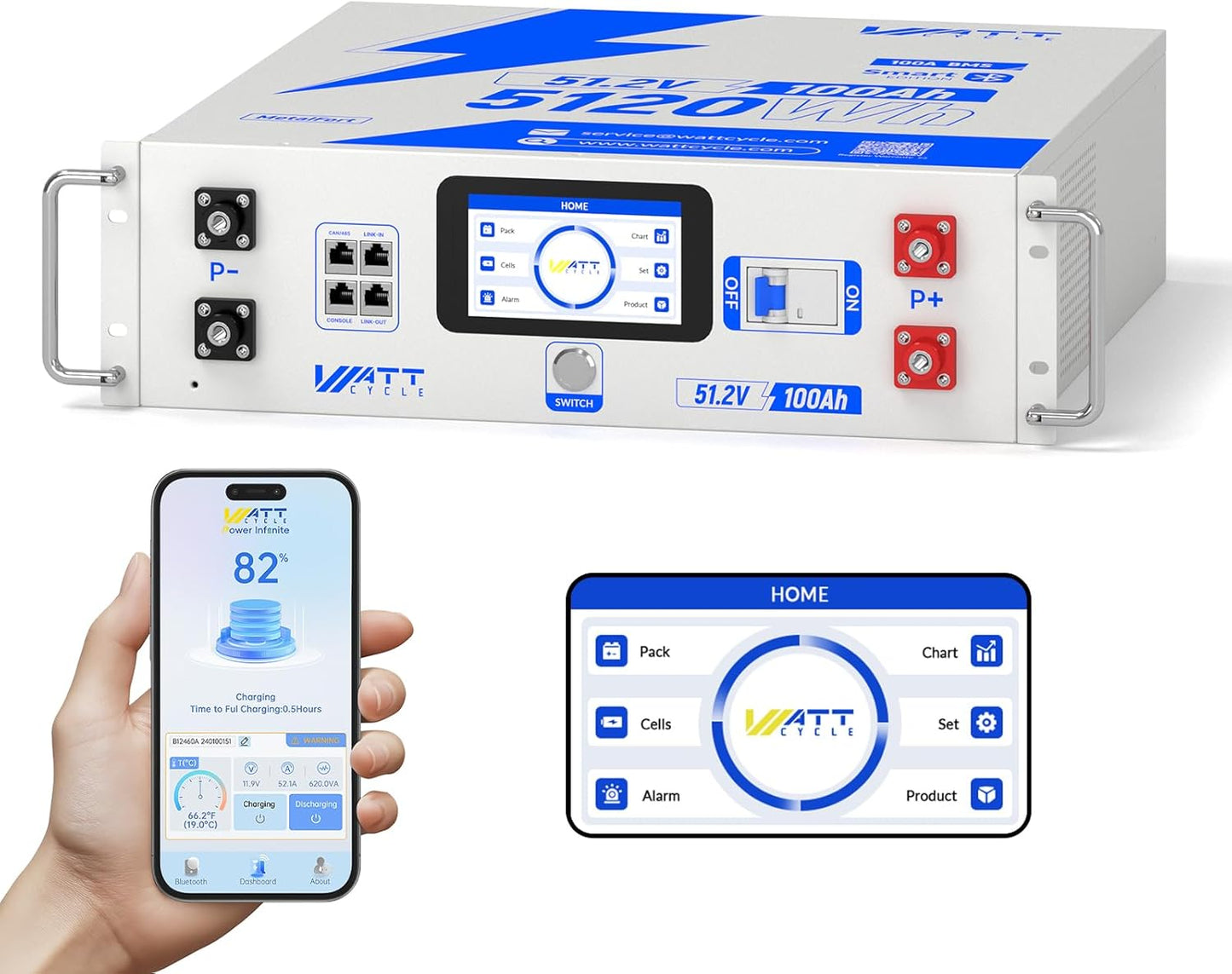 Wattcycle 48V 100Ah LiFePO4 Lithium Battery 100A BMS, 3U Server Rack Mount Battery 5120Wh, with LCD Touchscreen & Bluetooth, 6000+ Cycles Perfect for Home Storage, Solar, RV, Off-Grid, UPS Backup