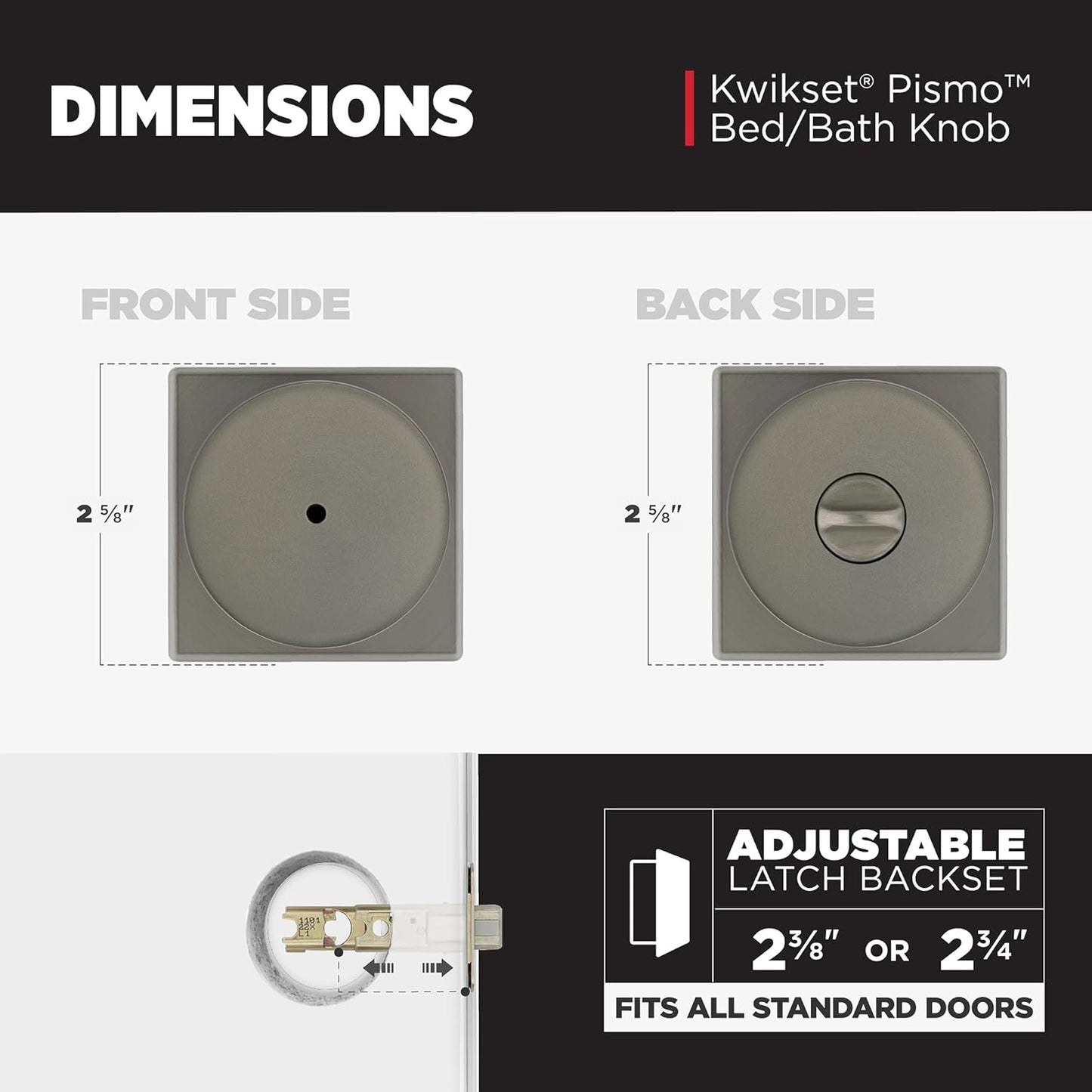 Kwikset Pismo Interior Square Privacy Door Knob with Lock, Door Handle for Bathroom and Bedroom, Gunmetal Keyless Turn Lock Doorknob