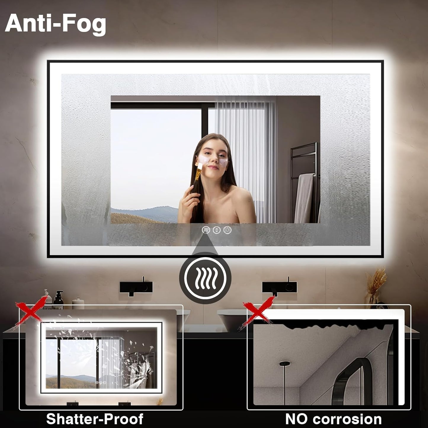 55x36 LED Bathroom Mirrors for Wall -Black Aluminum Trim (Front and Backlit), Anti-Fog Light Up Mirror,Stepless Dimmable Lighted Mirror,3 Colors Smart Mirror(Horizontal/Vertical)