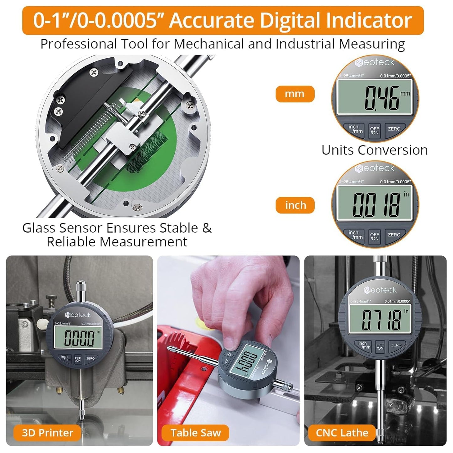 Neoteck Digital Dial Indicator Gauge and Magnetic Base Set with Storage Case 0-1 inch/ 25.4mm, 0.0005inch/0.01mm Inch/Metric Conversion Measuring Tool for 3D Printer Lathe Workshop Woodworking-Silver