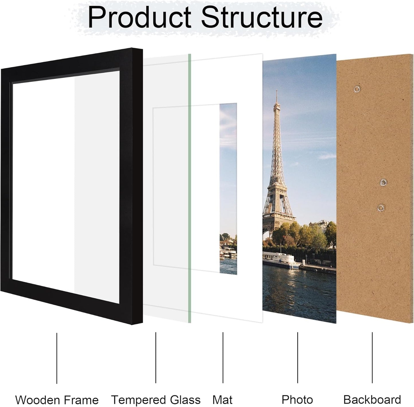 iRahmen 11x14 Picture Frame with HD Tempered Glass, Display Pictures 8x10 with Mat or 11 x 14 Without Mat, Wood Photo Frames for Tabletop and Wall Mount (Black, 1 Pack)