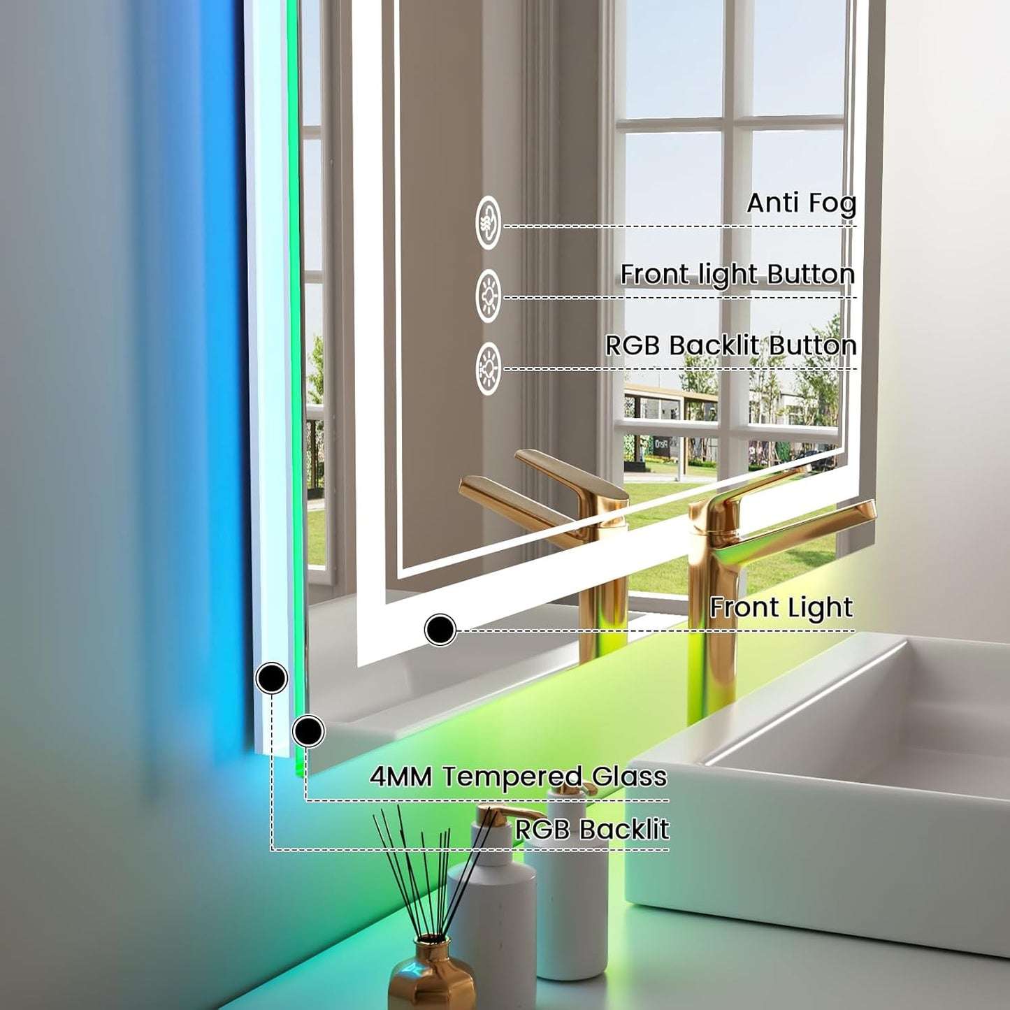 44x30 inch LED Bathroom Mirror with RGB Lights, Color Changing Backlit Mirror, Shatterproof, Dimmable Anti-Fog, Lighted Vanity Mirror (RGB Multicolor Backlit + Adjustable Front-Lighted)