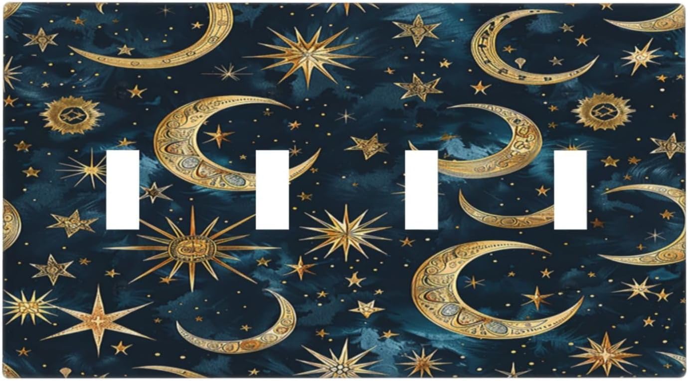 Light Switch Covers Modern Abstract Sky Blue Gold Moon Sun Star Quad Toggle Electrical Faceplate 4 Gang Wall Plate Decorative Switch Plates for Bedroom Kids room Decor