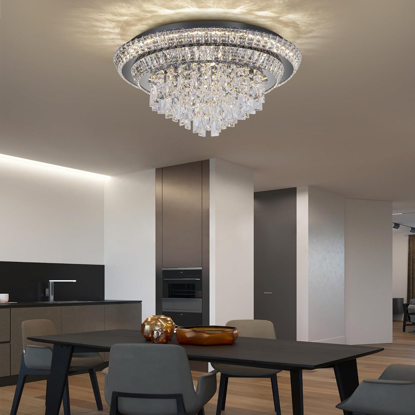 24 inch Crystal Black Ceiling-Light Flush Mount with Remote and APP Control, 3CCT Dimmable & Brightness Adjustable, Modern Crystal Raindrop Chandeliers for Bedroom Hallway Dinning Room Living Room