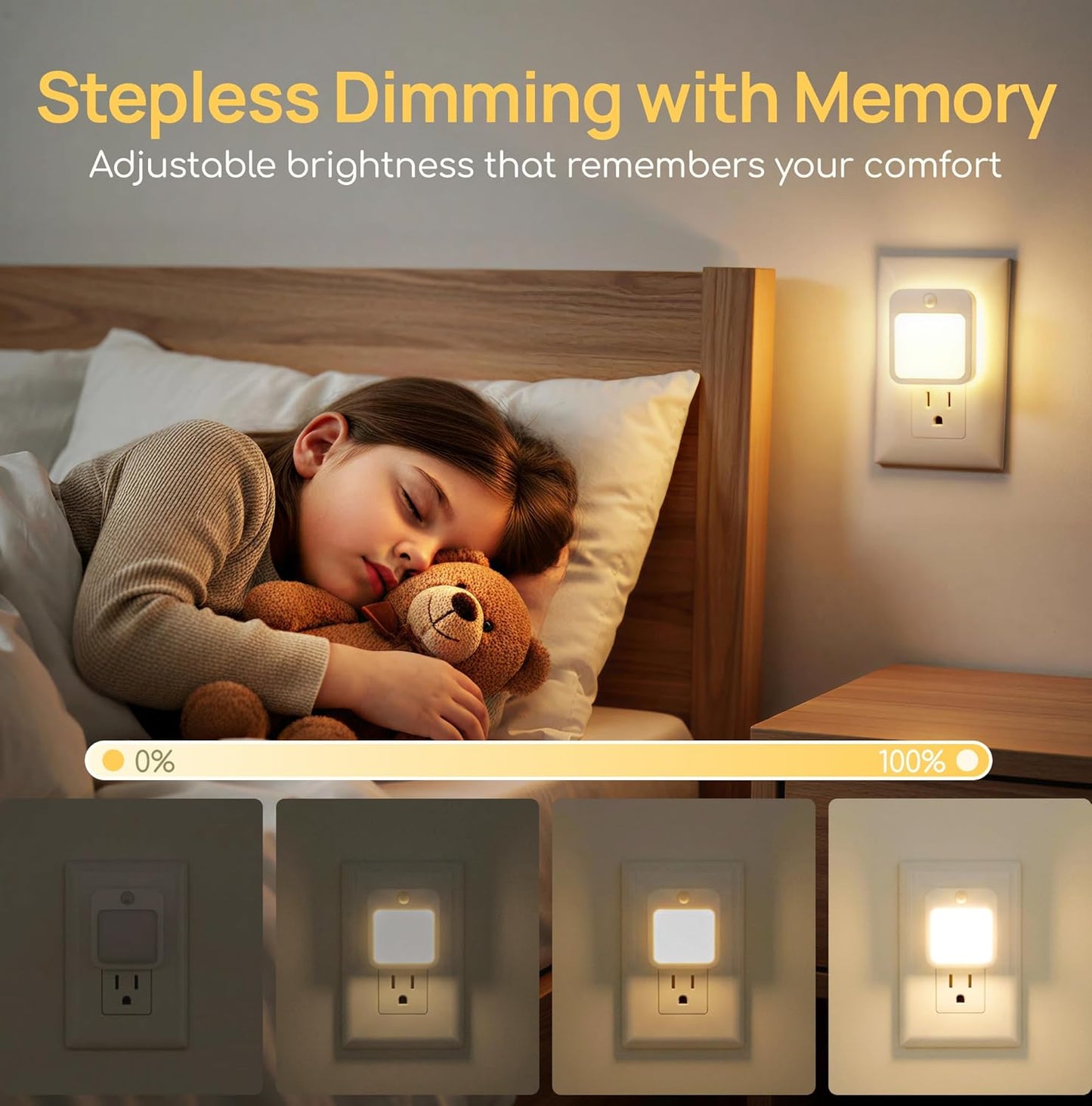 Plug-in Night Light with Motion Sensor, Dusk-to-Dawn Light Sensor, Stepless Dimming LED Night Lights for Bedroom, Hallway, Bathroom, Kids Room, Energy Efficient, 4-Pack
