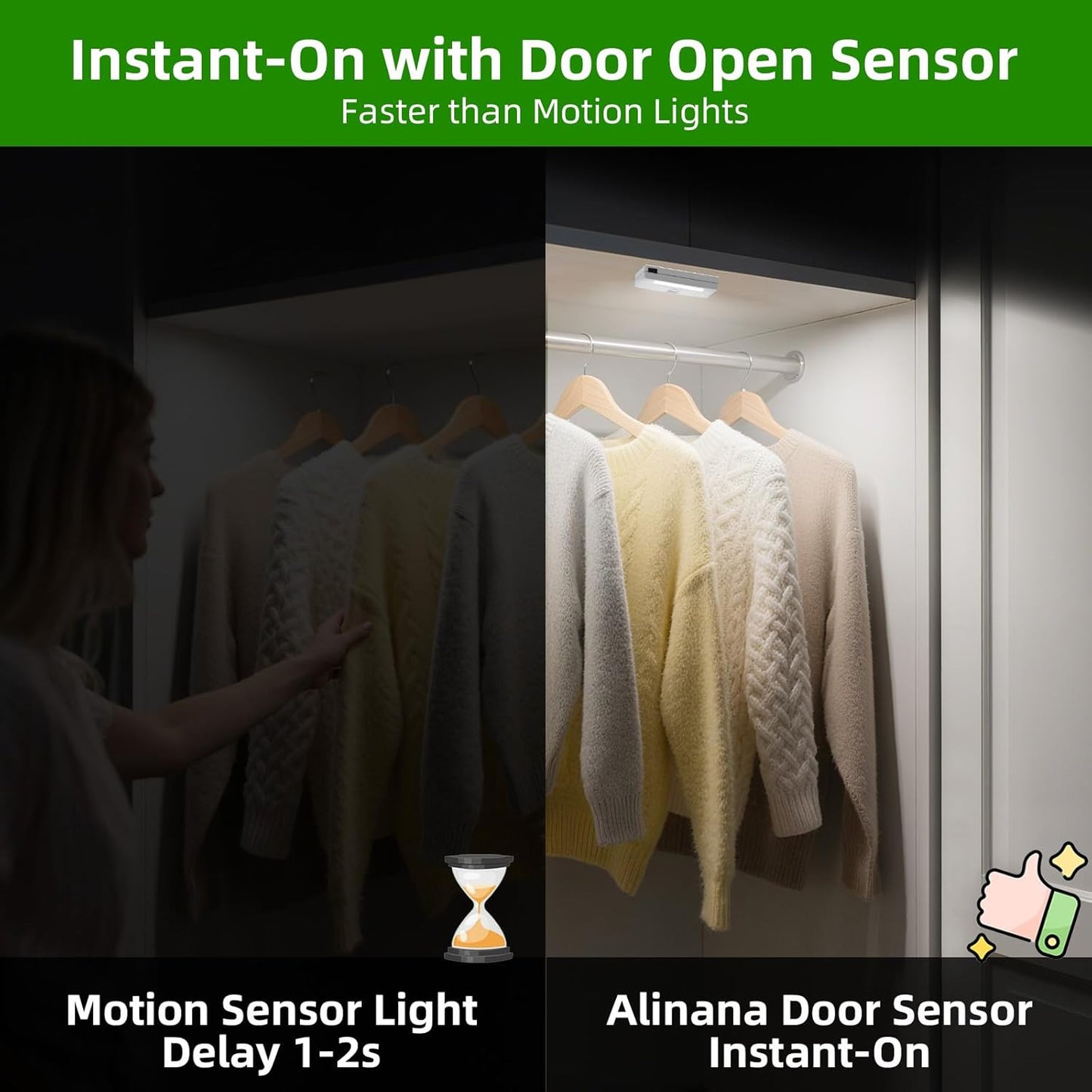 Drawer Lights When Open, 6-Pack Closet Lights Battery Operated with Door Sensor, Cabinet Lights When Open for Drawer, Pantry, Kitchen, Gun Safe, Wardrobe