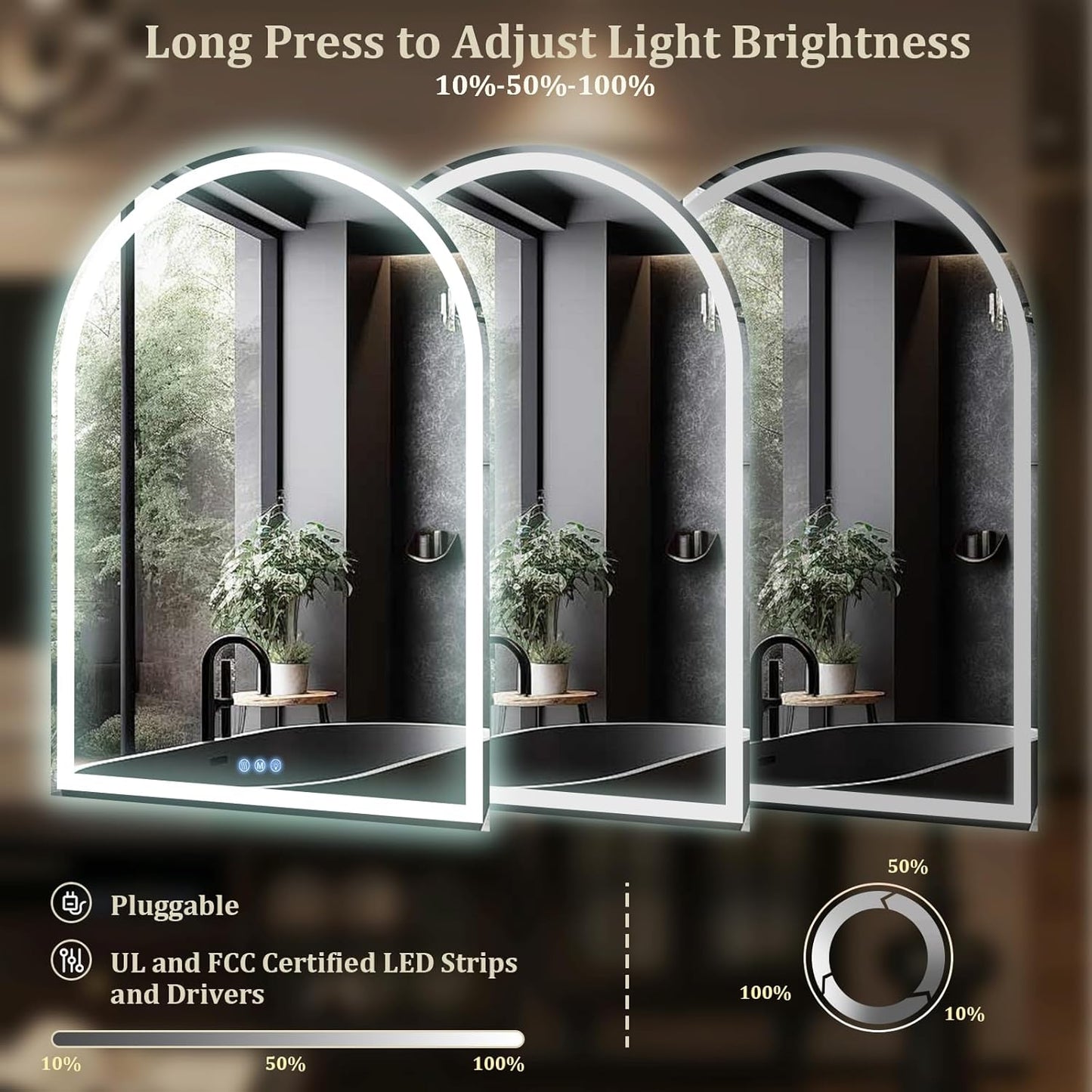 BEAUTYPEAK 34x30 LED Arch Bathroom Mirror with Lights, Anti-Fog, Dimmable, Backlit + Front Lit, Lighted Bathroom Vanity Mirror for Wall, 3 Colors, Memory Function, Tempered Glass, Shatter-Proof