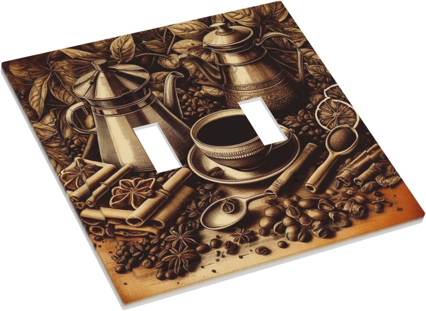 Decorative Light Switch Cover Plate Vintage Coffee Beans Leaf Cup 2 Gang Wall Plate Oversized Double Toggle Two Switch Wall Cover Plate Dual Device Faceplate
