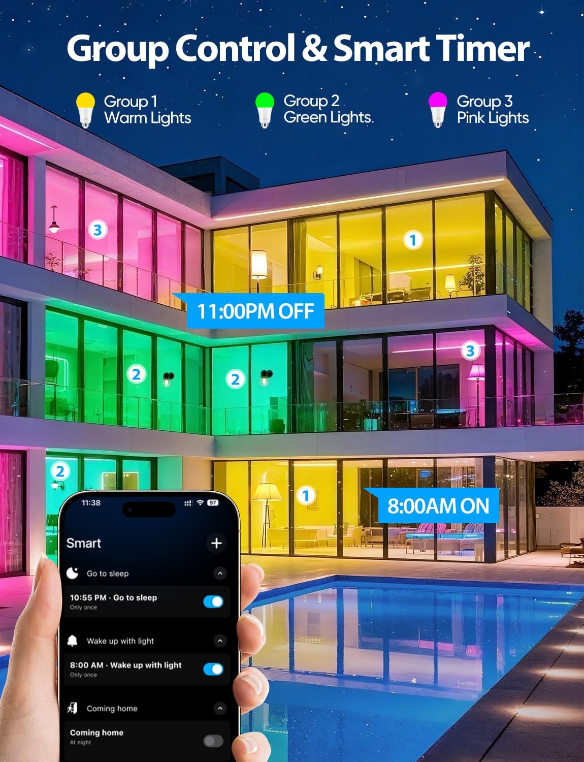 Smart Light Bulbs, Color Changing Light Bulb, Work with Alexa & Google Assistant, RGBWW A19 LED Light Bulbs Dimmable, 2.4GHz WiFi Bluetooth Light Bulb 60W Equivalent, Music Sync, 800LM, 4 Packs