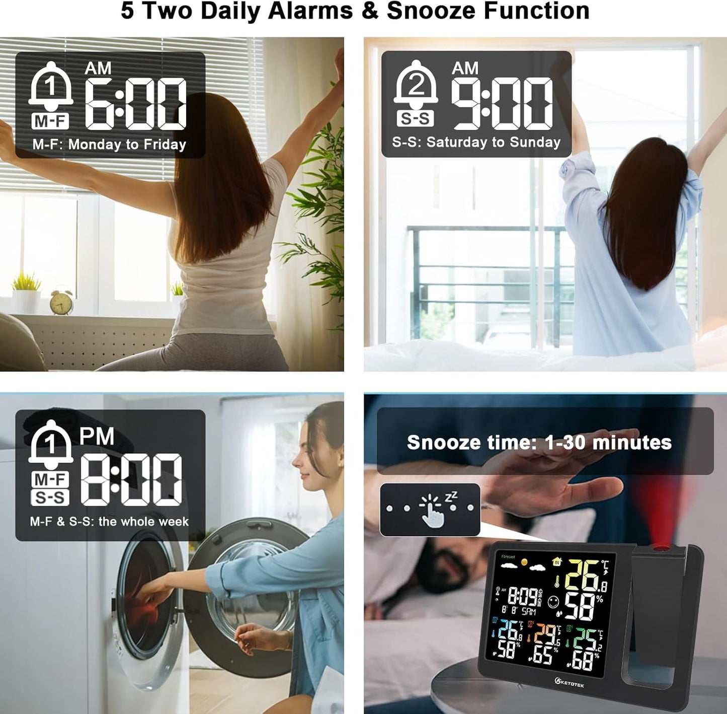 KETOTEK Digital Projection Alarm Clock for Bedroom Ceiling Wall VA LCD Display Radio Controlled Weather Station Indoor Outdoor Temperature Humidity Monitor with 3 Remote Sensors