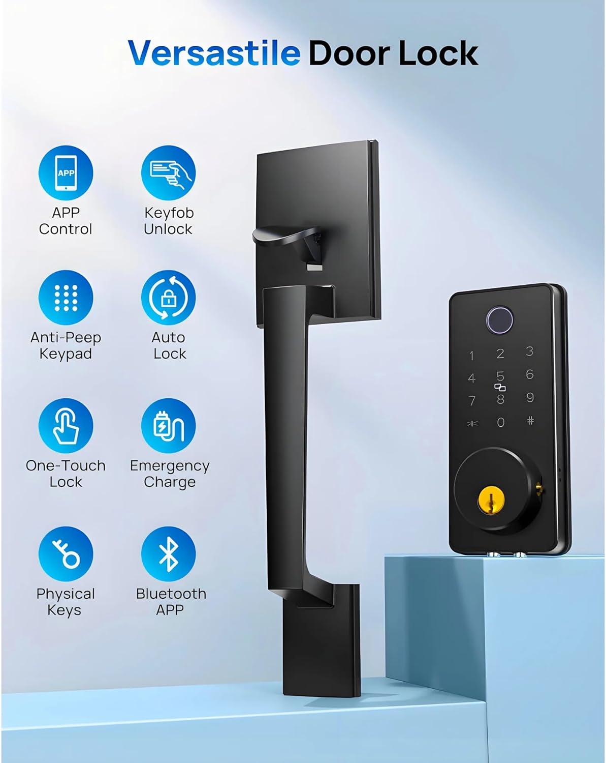 WiFi Smart Keyless Entry Door Lock Set w/Front Door Handle, 0.1s Fingerprint Biometric Unlock, Auto Lock, APP Remote/Passcodes/Cards Control, Keypad Deadbolt, Easy Install for Entry Bedroom
