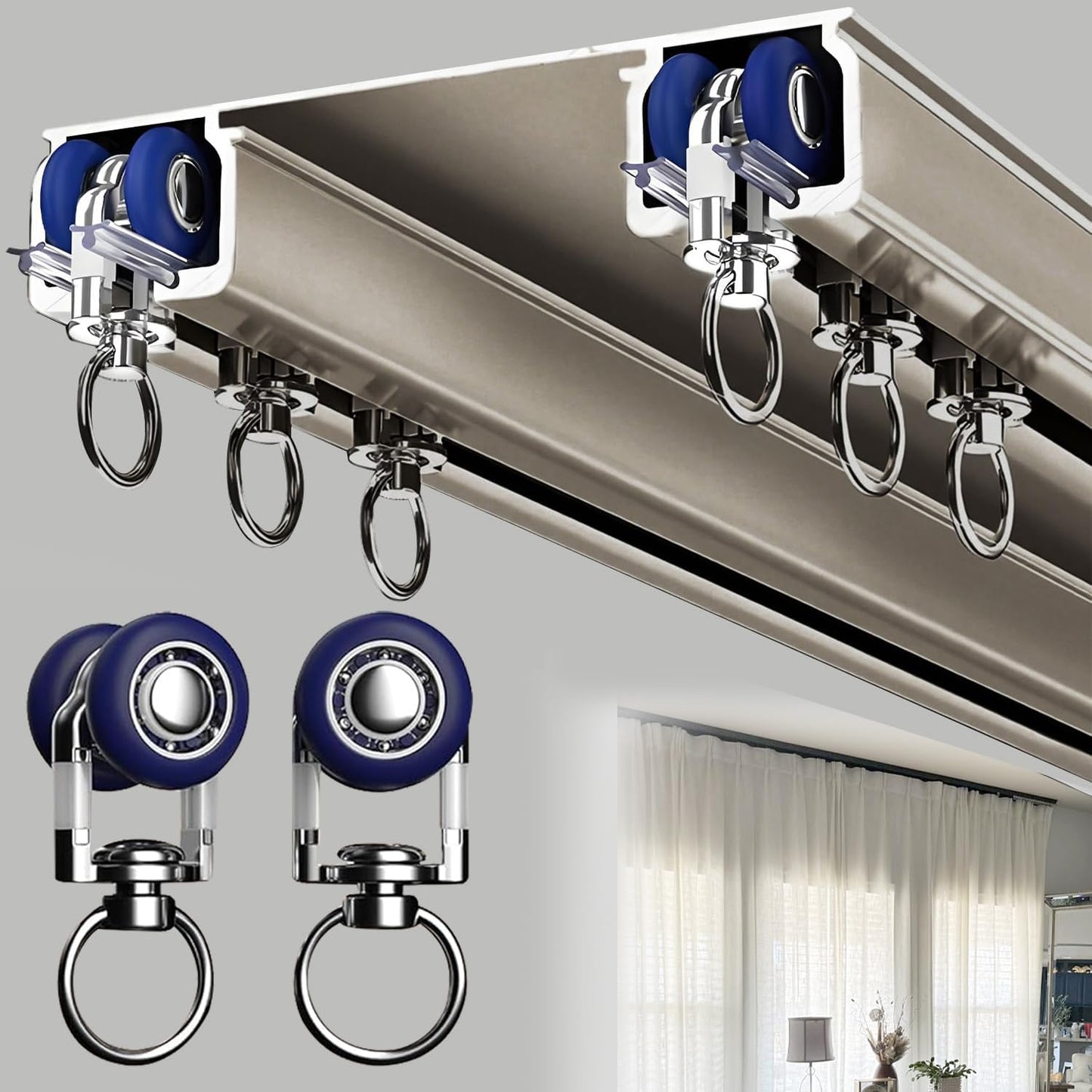 Double Curtain Track Ceiling Mounted, Heavy Duty Aluminum Sliding Rails for Curtains, Silent Double Curtain Track System for Drapes Room Dividers Living Room Bedroom (Champagne,2.5m(8.2ft))