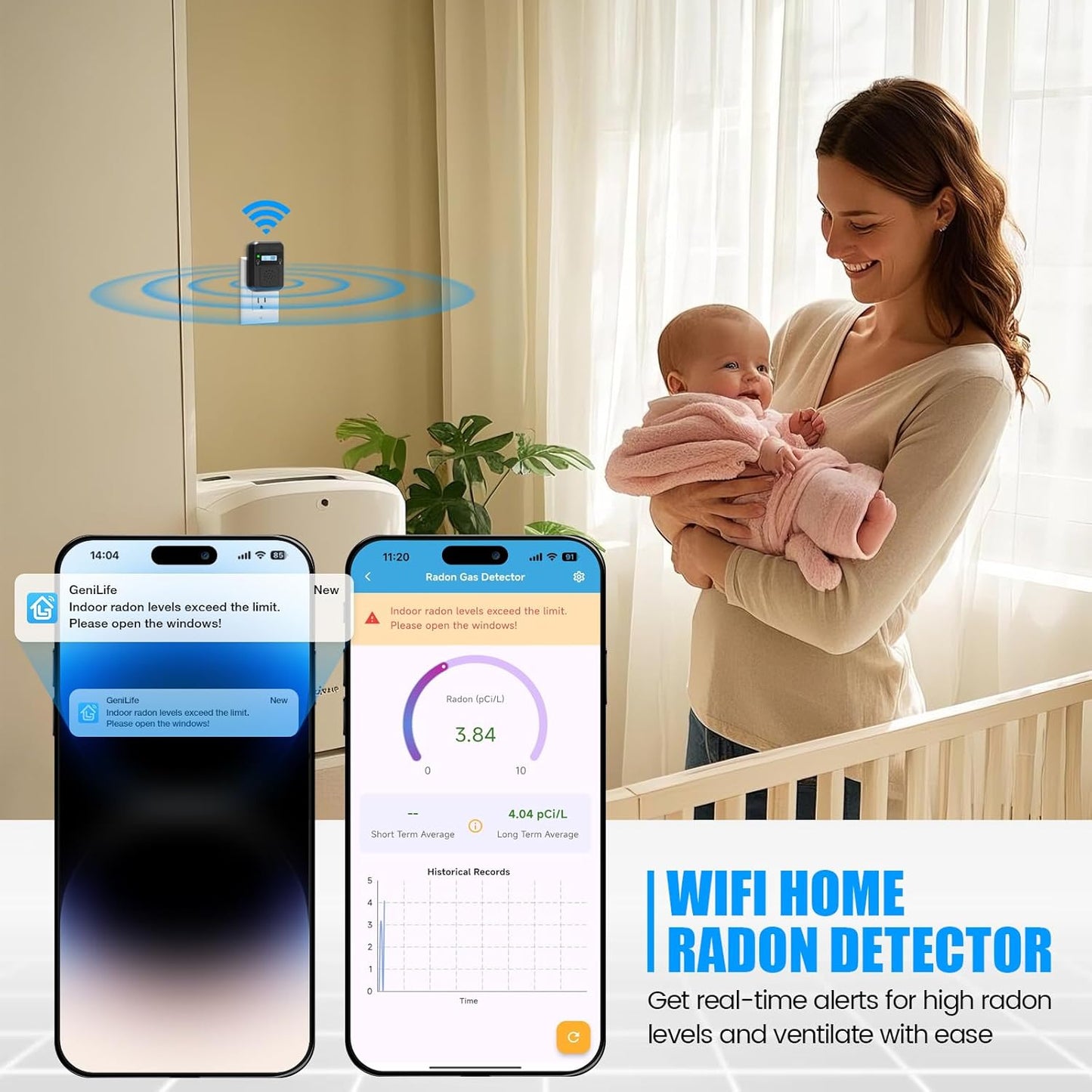 WiFi Home Radon Detector, Portable Radon Meter with Real-Time Short & Long-Term Monitoring, Plug-in Design, Instant Alerts & App Control, 2.4 & 5GHz Dual-Band WiFi Compatible