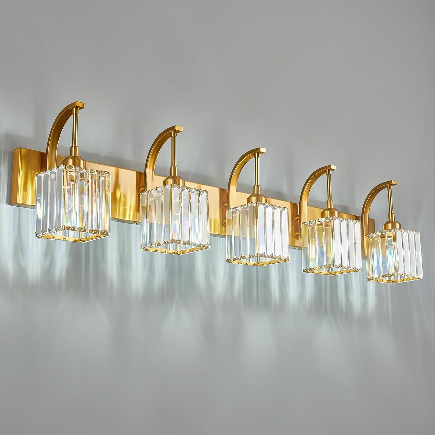 5-Light Crystal Vanity Light, Modern Gold Bathroom Wall Sconce with K9 Crystal Shades, 42.51" Long Over Mirror Lighting for Vanity, Makeup, Hallway, Elegant & Easy Installation