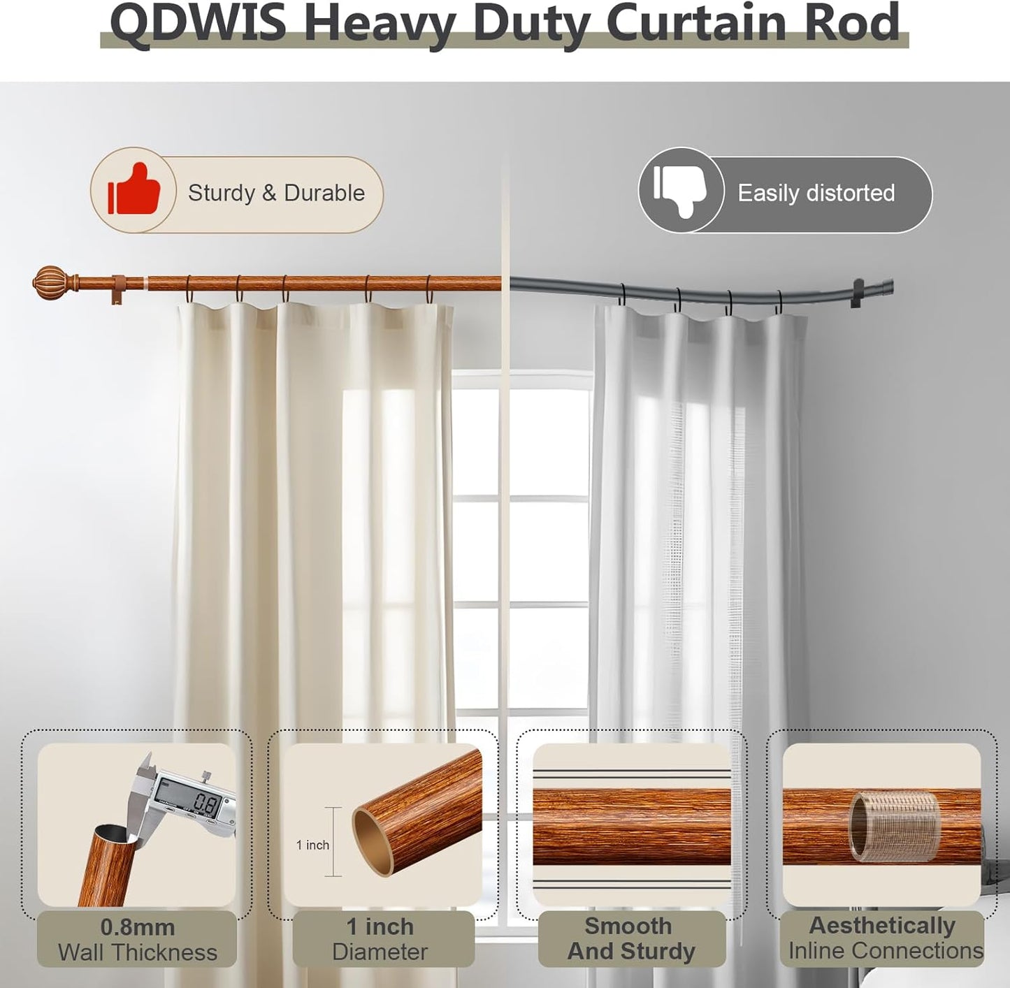2 Pack Reddish-Brown Wood Curtain Rods for Windows 48 to 84 Inch, 1'' Adjustable Heavy Duty Curtain Rod，Vintage Imitation Wood Decorative Drapery Rods with Pumpkin Finials for Living Room