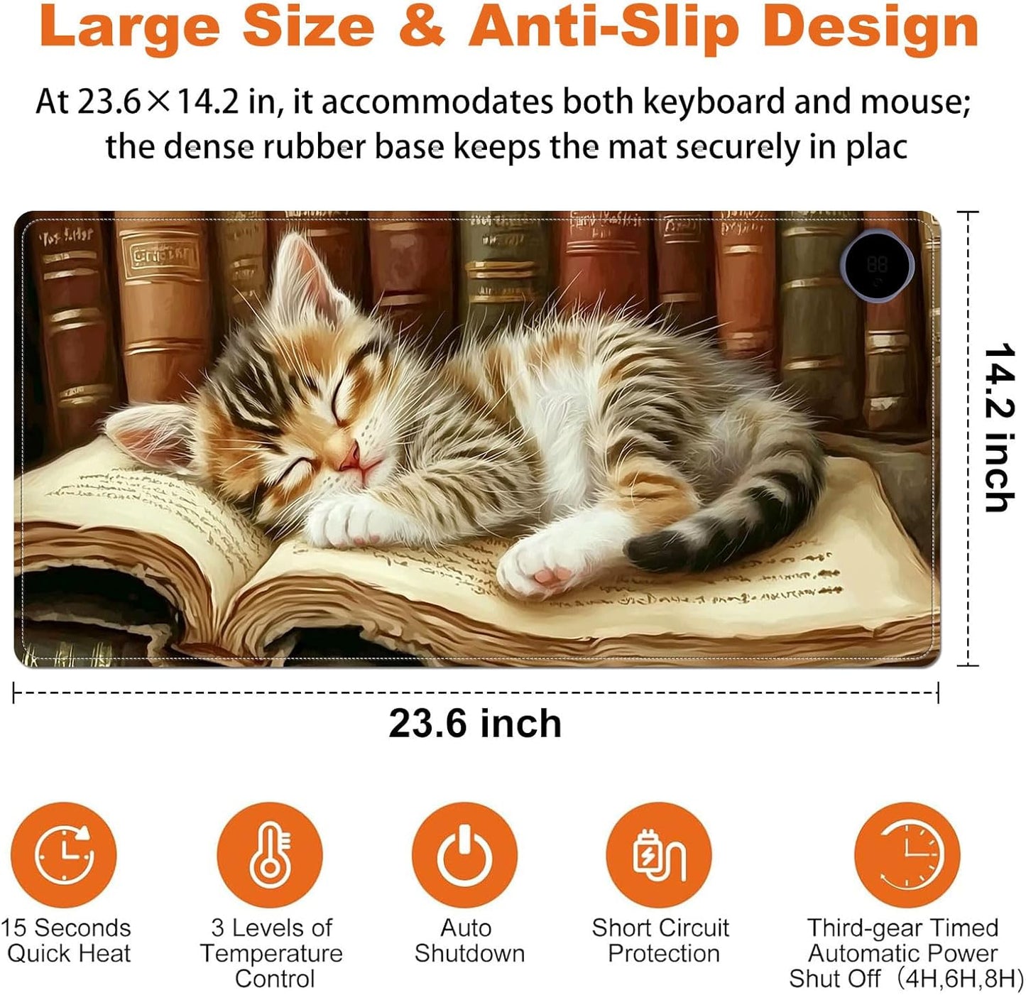 Small Heated Desk Pad 23.6" x 14.2" – Compact Electric Mouse Pad with 3 Heating Levels, Auto Shut-Off, Waterproof PU Surface, Plug-in Warmer for Office or Home Use, Kitten on Book