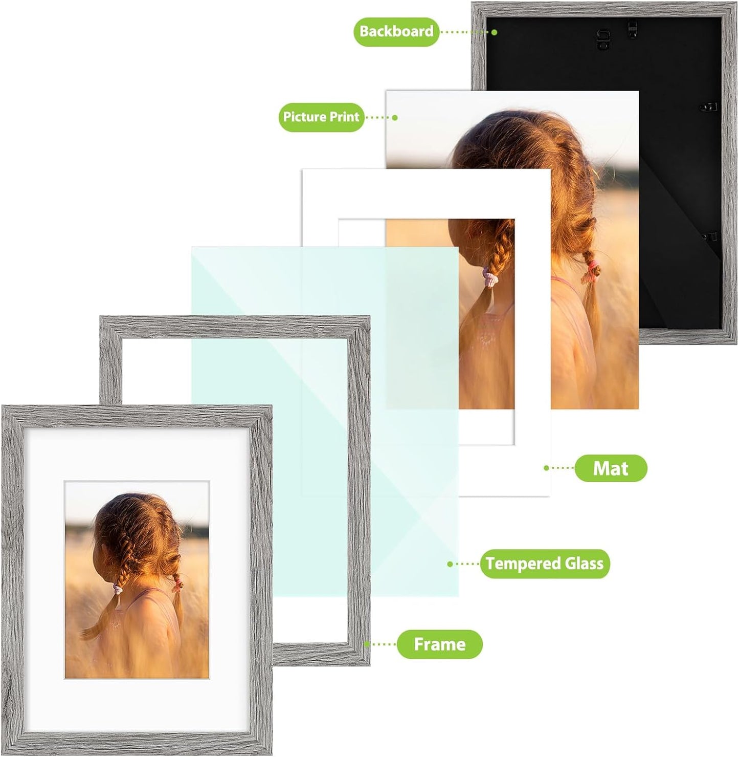 Golden State Art, 9x12 Picture Frame with Mat for 6x8 - High Definition Glass Wall Mounting Horizontal Vertical Display (Gray, 1 Pack)