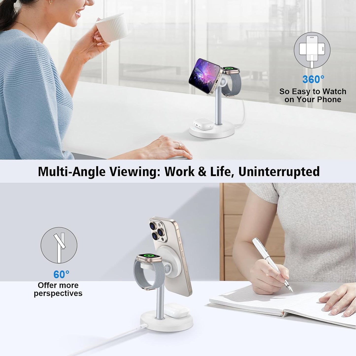 3 in 1 Wireless Charging Station for Apple Devices, 15W Fast Magnetic Charger Nighstand for Bedrooms, iPhone 17 Air 16 15 14 13 12 11 Series, Apple Watch, Airpods, Gifts for Men & Women(No AC Adapter)