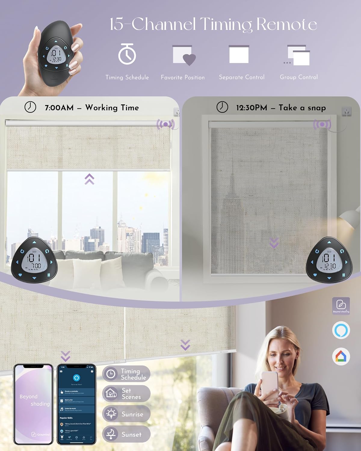 Graywind Motorized Semi Roller Shades Compatible with Alexa Google Hardwired WiFi Smart Light Filtering Remote Control Automated Blinds Electric Window Shade, Custom Size (Sheer Linen Beige)