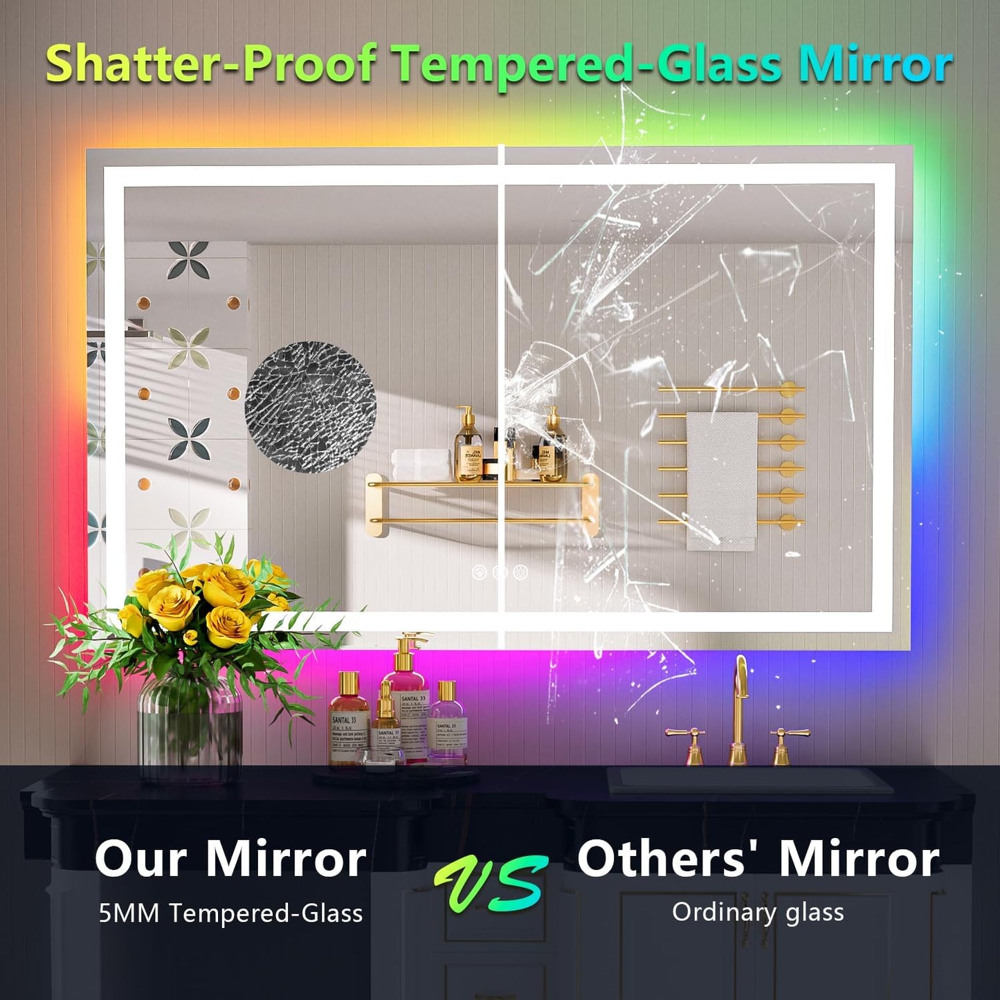 55x36 Inch RGB LED Bathroom Mirror Front Light and RGB Backlit Lighted Vanity Mirror for Bathroom Wall Mounted Dimmable Anti Fog Memory Shatter-Proof IP54 Waterproof Horizontal/Vertical