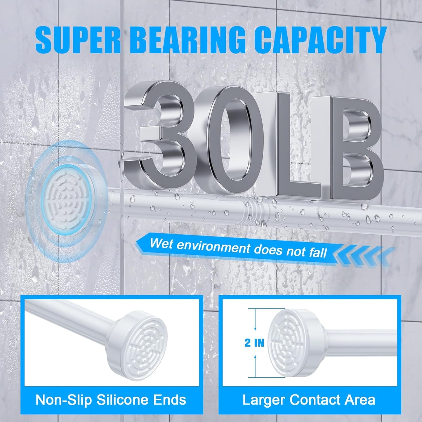 TEECK Shower Curtain Rod, 32-92 inch Adjustable Spring Tension Curtain Rod, Never Rust Anti-Slip Shower Curtain Rod for Bathroom, No Drilling, Never Collapse, Easy to Use, White