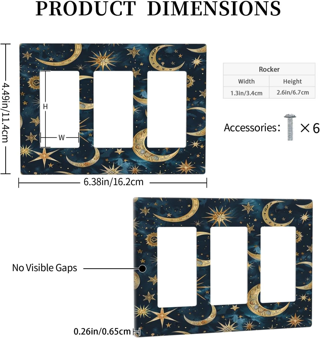 Light Switch Covers Modern Abstract Sky Blue Gold Moon Sun Star 3 Gang Rocker Electrical GFCI Decorative Triple Outlet Wall Plate Cover Switchplate for Bedroom Kids room Decor