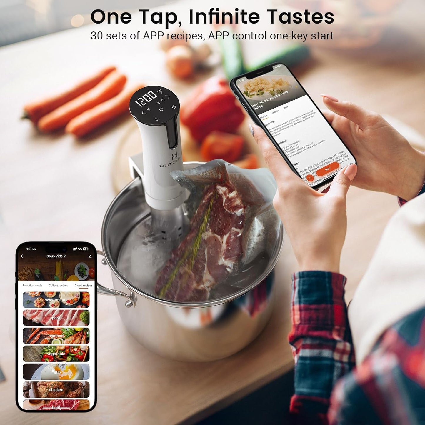 BLITZHOME Sous Vide Machine, WiFi APP Included, 1100W Sous Vide Cooker with Accurate Temperature & Timer, Stainless Ultra Quiet Precision Immersion Circulator Device, Kitchen Gadgets with Recipes