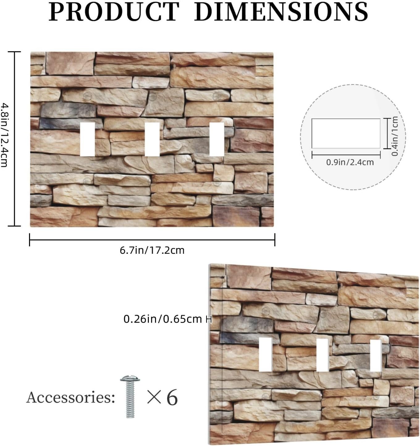 Decorative Switch Plates Stone Textured Brown Brick Natural Stone 3 Gang Wall Plate Triple Toggle Light Switch Cover Faceplate Electrical Wall Panels For Farmhouse Cabin Decor