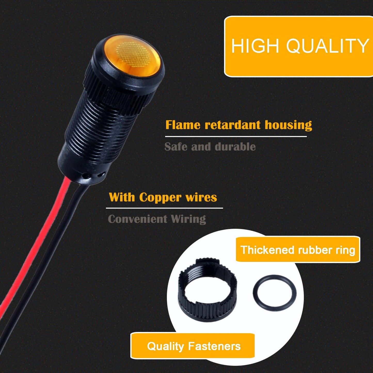 5pcs 10mm LED Indicator Light Plastic Black Signal Dot Lamp 110-220VAC 2/5" Mounting Hole Size with 15cm/5.9in. Wire (Yellow LED)