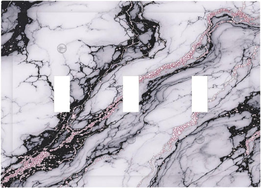 Decorative Switch Plates White Marble Pattern Black Lines Pink Lines 3 Gang Wall Plate Triple Toggle Light Switch Cover Faceplate Electrical Wall Panels for living Room Office Decor