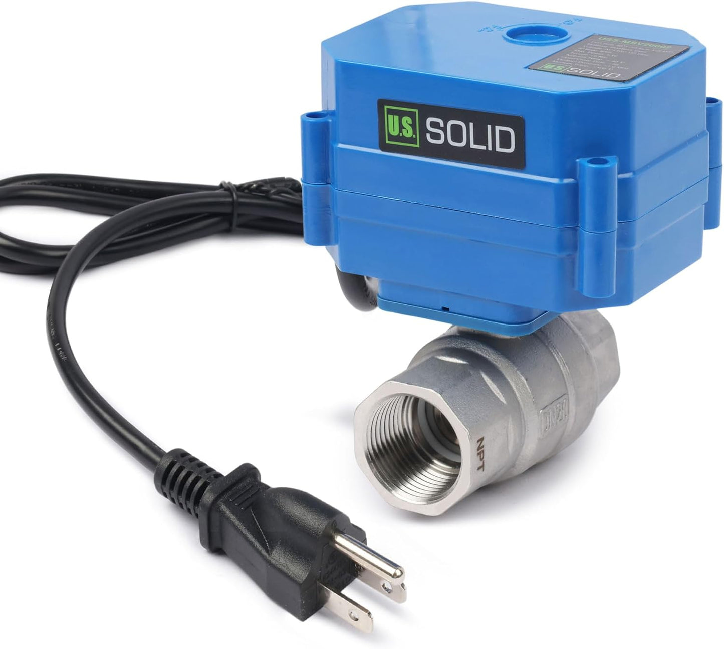 U.S. Solid 3/4" NPT 2-Way Motorized Ball Valve with US Plug 110VAC 304 Stainless Steel Electrical Ball Valve, Auto Return, Normally Closed, IP65, NSF Certified