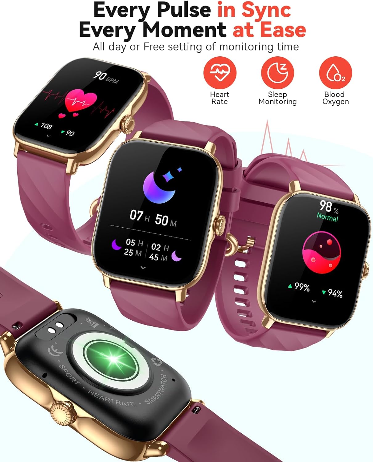 Smart Watches Fitness Tracker for Men Women with Step Counter, Sleep /Calorie Monitor, Pedometer, IP68 Waterproof, 120+ Sports for iPhone Android, 1.91” Touchscreen Smartwatch (Casual, Wine-red, 1.91)