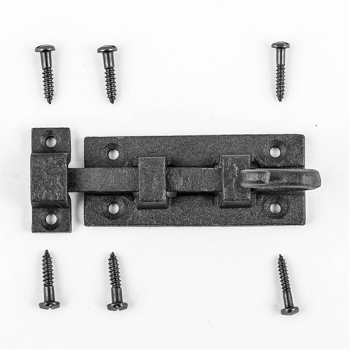 Renovators Supply Manufacturing Door Lock Latch 3.8 in. Black Wrought Iron Pig Tail Tip Styled Slide Bolt Latch with Mounting Hardware