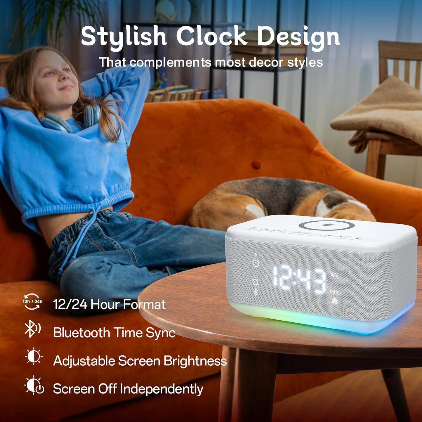 Bluetooth Alarm Clock Radio Bedroom, Digital Dual Alarm Clock Bedroom, Up to 10 Alarms Clock Night Light Speaker App/Button Control FM Charge Snooze Adjustable Volume Dim 12/24H, White