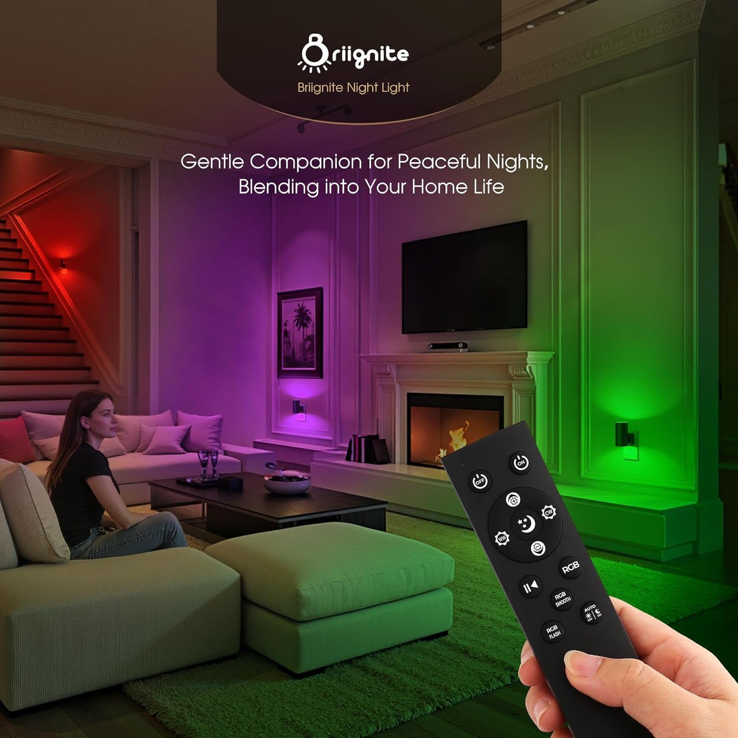 Briignite Night Lights Plug into Wall, 1 Pack 11-Color Changing Night Light with 1 Remote Control, 3000K+6000K+RGB LED Nightlight for Kids with Light Sensor, 0-100 LM Adjustable for Bedroom, Stairway