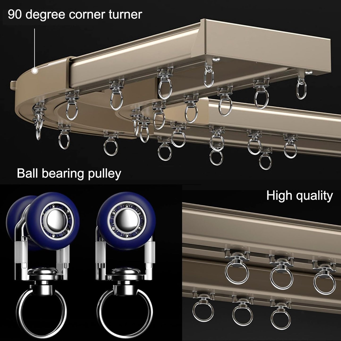 Ceiling Mounted Curtain Track System - Double Rails for Curtains & Drapes - Room Dividers - Sliding Curtain Rail for Window (champagne, 2m)
