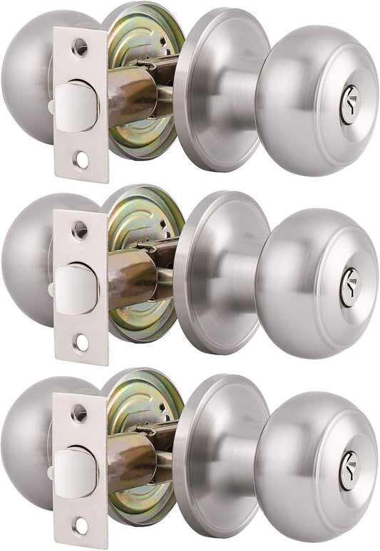 Gobrico Round Keyed-Alike Exterior Door Hardware Entrance Locksets Door Knobs, Satin Nickel, 3Pack, Stainless Steel