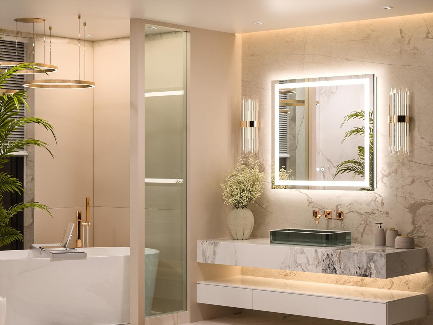 Keonjinn LED Bathroom Mirror 30 ” x 30 ” with Frontlit & Backlit, Lighted Mirror for Bathroom Wall with Dimmable 3-Color Lights, Anti-Fog Mirror with HD Tempered Glass, UL-Listed LED Driver