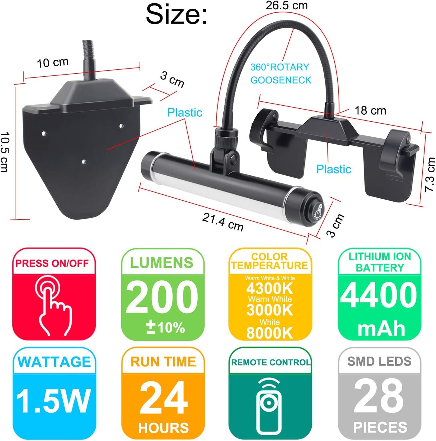 HONWELL Painting Lights Cordless, Dartboard Light with Remote, Rechargeable Picture Light, Picture Frame Lights with 3 Modes 28 LEDs Rotate Head, 360° Flexible Neck,Clip on Display Light for Art-Black